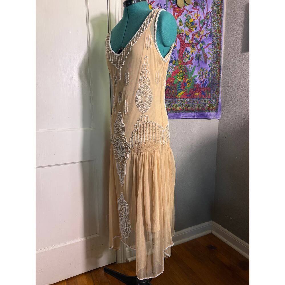 Together Beaded Midi Dress Nude Art Deco Gatsby 1920s Style Mesh Formal - Size 8 - Picture 3 of 11